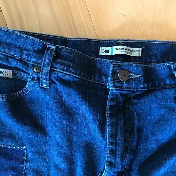 Boho Patchwork Jeans, Size 12: Upcycled Distressed Denim on Denim Hippie Pants - Picture 4 of 10